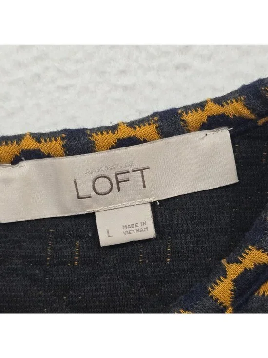 Ann Taylor LOFT Large Shift Dress Navy/Yellow Geometric Pattern Short Sleeve - Picture 2 of 4